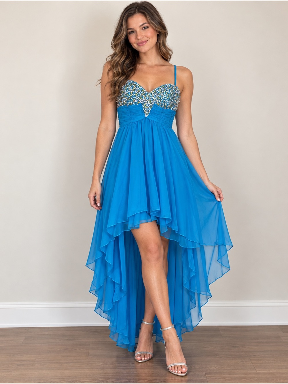 Mori Lee Blue Rhinestone High Low Formal Prom Dress Gown